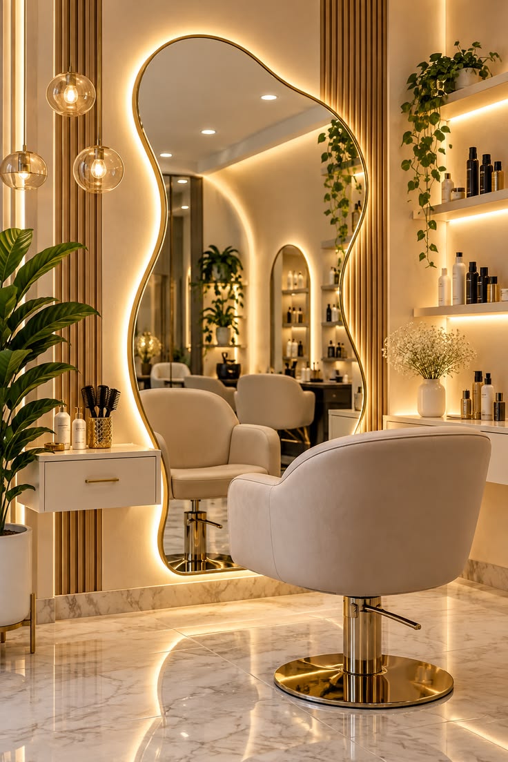 Cream styling chair in front of a curved, back-lit mirror, with lit shelves of hair products